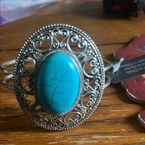 Ornate Silver Cuff Bracelet with Turquoise Accent